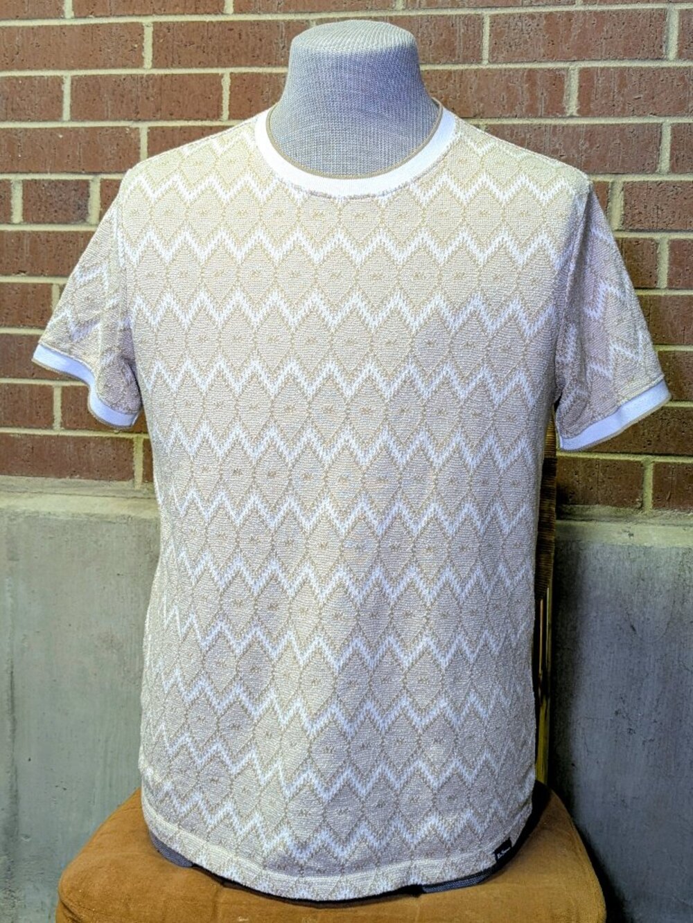 Ben Sherman Knit T Shirt Mens L Beige Diamond Geometric Mod Indie Retro Crewneck